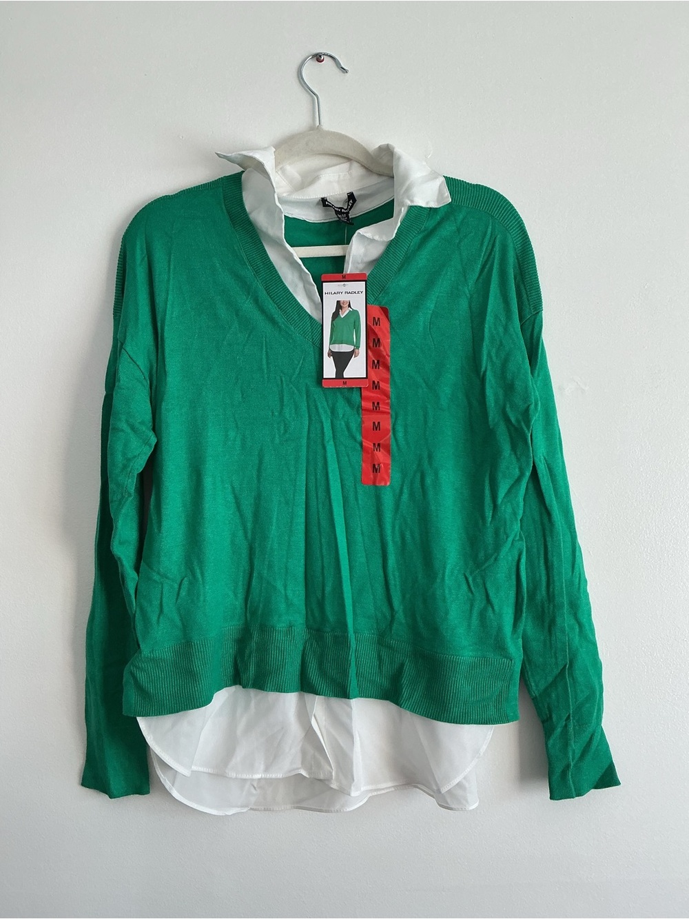 Hilary Radley Green V‑Neck Sweater with White Shirt Layering